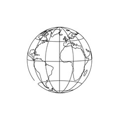 Outline of a globe depicting world continents in black and white  