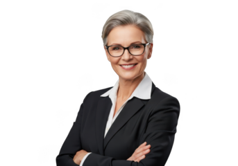 Professional mature woman with short gray hair wearing glasses and a dark suit smiling confidently isolated on transparent background