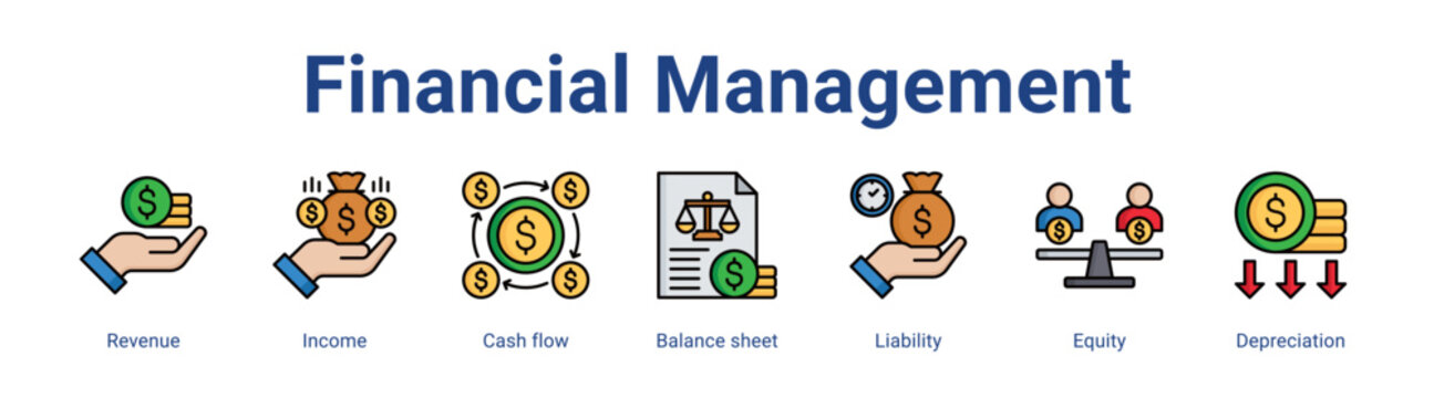 Financial Management web icon vector illustration concept with icon of Revenue, Income, Cash flow, Balance sheet, Liability, Equity, Depreciation,in modern flat vector style.