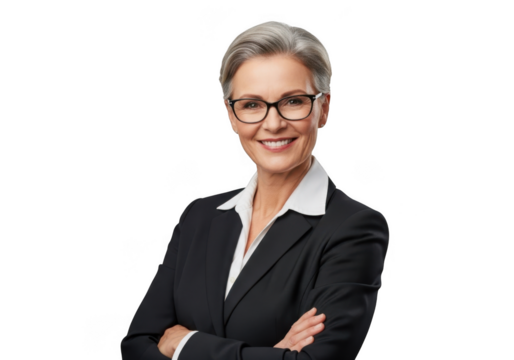 Professional mature woman with short gray hair wearing glasses and a dark suit smiling confidently isolated on transparent background