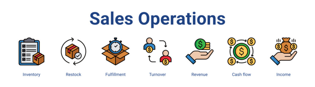 Sales Operations web icon vector illustration concept with icon of Inventory, Restock, Fulfillment, Turnover, Revenue, Cash flow, Income,in modern flat vector style.