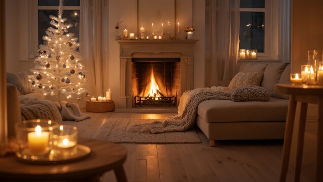 Cozy winter evening gathering with a christmas tree and fireplace indoor living room relaxing atmosphere warm lighting