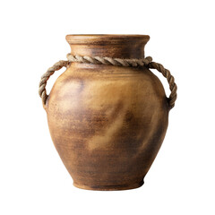 A rustic, old-world clay pot with unique rope handles, showcasing earthy textures and a timeless design, isolated on black. background removed