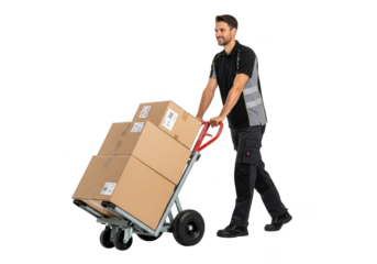 Delivery man pushing a hand truck with boxes isolated on transparent background
