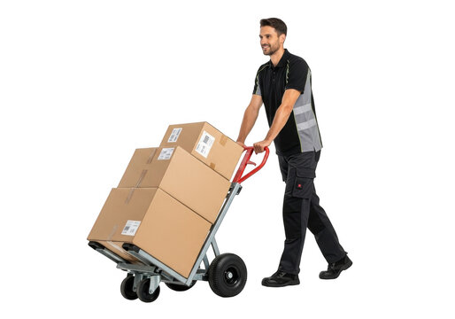 Delivery man pushing a hand truck with boxes isolated on transparent background