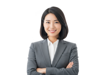 A smiling young asian woman wearing a professional gray suit and white shirt with arms crossed isolated on transparent background