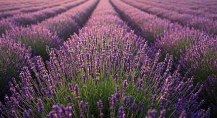 Fototapeta premium A vibrant purple field of blooming lavender flowers under the bright afternoon sun creating a beautiful fragrant landscape, detail, scent, countryside