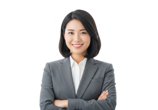 A smiling young asian woman wearing a professional gray suit and white shirt with arms crossed isolated on transparent background