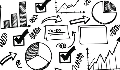 Hand drawn black and white business charts graphs and to do list elements line