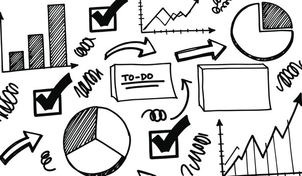 Hand drawn black and white business charts graphs and to do list elements line