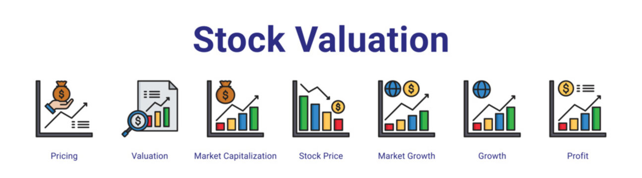 Stock Valuation web icon vector illustration concept with icon of Pricing,Valuation,Market Capitalization,Stock Price,Market Growth,Growth,Profit,in modern flat vector style.