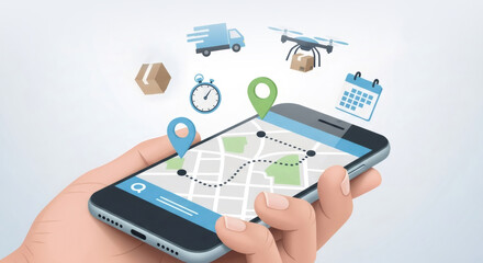 Hand holding smartphone with a map showing delivery route. Online logistics and cargo transportation tracking application for fast order.