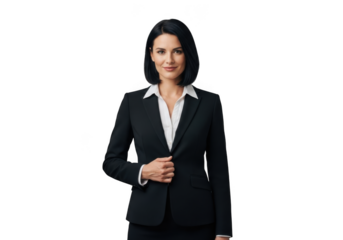 Professional businesswoman in a sharp black suit and white blouse standing confidently isolated on transparent background