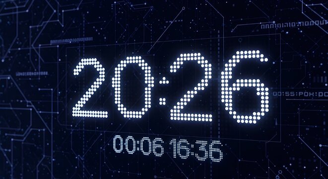 Digital clock display showing countdown to 2026 new year on dark futuristic background