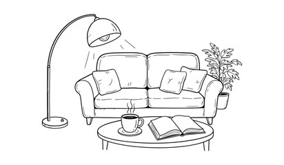 Hand drawn illustration of a living room scene with sofa coffee and book drawing sketch