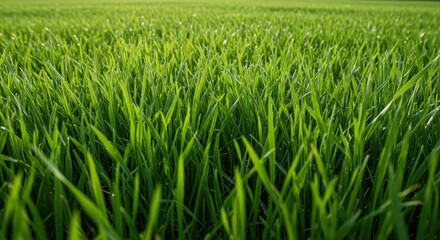 Fototapeta premium Detailed view of vibrant green blades of grass stretching far away along a linear border in the open countryside under bright daylight, field, summer, organic