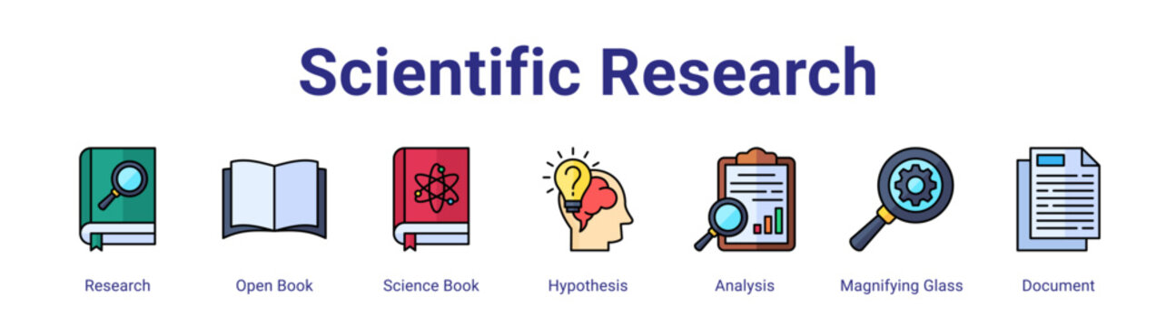 Scientific Research web icon vector illustration concept with icon of Research,Open Book,Science Book,Hypothesis,Analysis,Magnifying Glass,Document,in modern flat vector style.