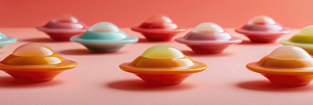 World Ufo Day, Colorful, round candies arranged in a row on a pink background. Each candy has a glossy finish and comes in various pastel colors