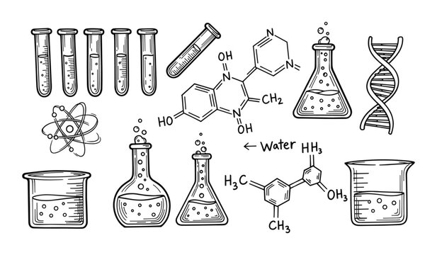 Hand drawn science icons including test tubes beakers flasks atom dna and chemical formulas chemistry