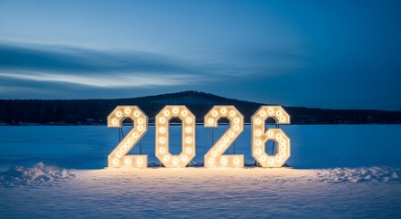 Illuminated giant numbers spelling out the year 2026 glowing brightly in a snowy landscape at dusk with a dark mountain silhouette in the background