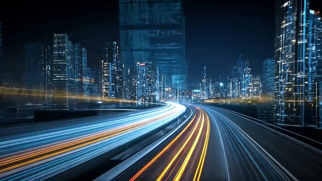 Light streaks on a highway leading into a futuristic city at night