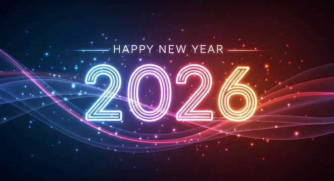 Vibrant neon glowing numbers 2026 illuminated with sparkling lights and abstract colorful wavy lines celebrating happy new year