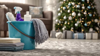 Christmas home cleaning equipment bucket with towel and spray bottle