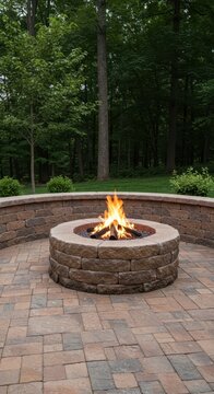 Large, custom-built outdoor stone fire pit centerpiece featuring durable natural rock construction and a protective retaining wall ,natural, patio, fire pit