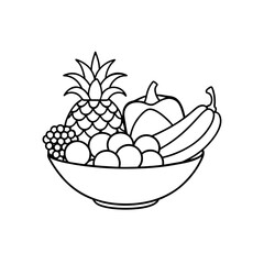 Outline drawing of fruits and vegetables in bowl on transparent background
