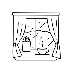 Window view with plant cup and rain line art style on transparent background
