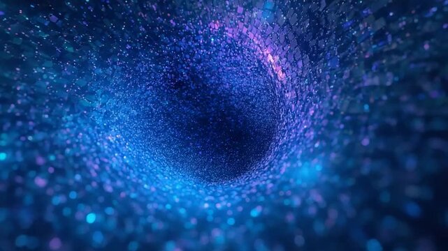 Abstract swirling vortex of blue and purple particles and geometric shapes in deep space tunnel