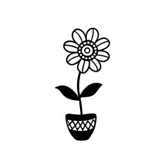 Simple flower in a pot with leaves and decoration on transparent background