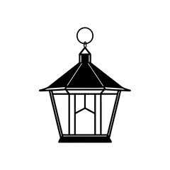 Illustration of a hanging lantern in black outline on transparent background