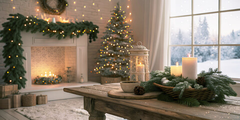 Cozy holiday interior featuring a decorated Christmas tree with ornaments, lights, and candles near a fireplace with gifts and presents