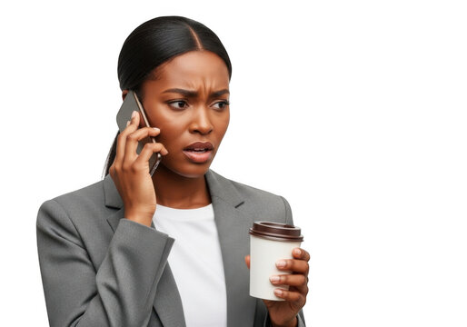 Young african american woman in a grey suit holding a coffee cup while speaking on her mobile phone with a worried expression isolated on transparent background