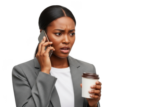 Young african american woman in a grey suit holding a coffee cup while speaking on her mobile phone with a worried expression isolated on transparent background