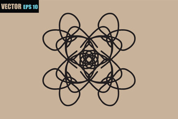 Intricate black geometric mandala design with symmetrical patterns on a plain beige background