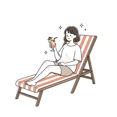 Cartoon Doodle Woman Relaxing on Deck Chair with Summer Cocktail - Vacation and Leisure Activity Illustration