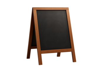 Blank wooden A‑frame chalkboard sign isolated on black background, cafe or restaurant menu mockup