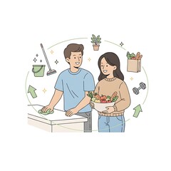 Doodle Cartoon Couple Doing House Chores and Healthy Lifestyle Infographic - Home Cleaning and Cooking