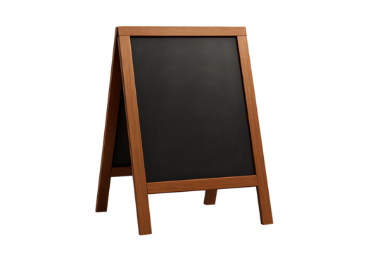Blank wooden A‑frame chalkboard sign isolated on black background, cafe or restaurant menu mockup