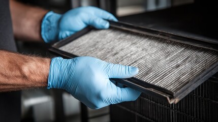 Hands in blue gloves holding air filter for maintenance and replacement