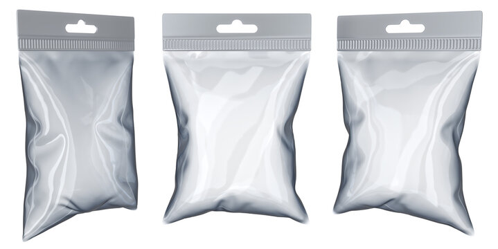 White glossy metallic pouch mockup with hang slot. 3d illustration set transparent background