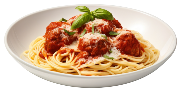 PNG Spaghetti and meatballs dish with a rich tomato sauce and grated Parmesan cheese pasta plate food.