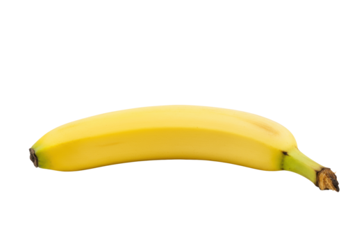 A single, perfectly ripe yellow banana with a fresh green stem and dark tip, centrally positioned against a transparent background with copy space, soft lighting. Concept of healthy fruit and fresh