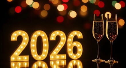 Two elegant champagne flutes filled with bubbly champagne stand next to illuminated marquee numbers spelling out the year 2026 with bokeh lights in the background