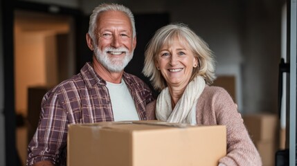Smiling senior couple holding cardboard box together indoors