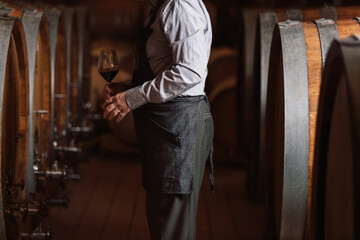 A man in a gray apron and shirt stands in a wine cellar, holding a glass of red wine near oak...