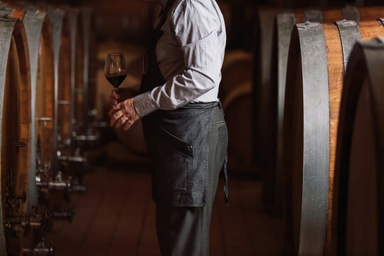 A man in a gray apron and shirt stands in a wine cellar, holding a glass of red wine near oak barrels.