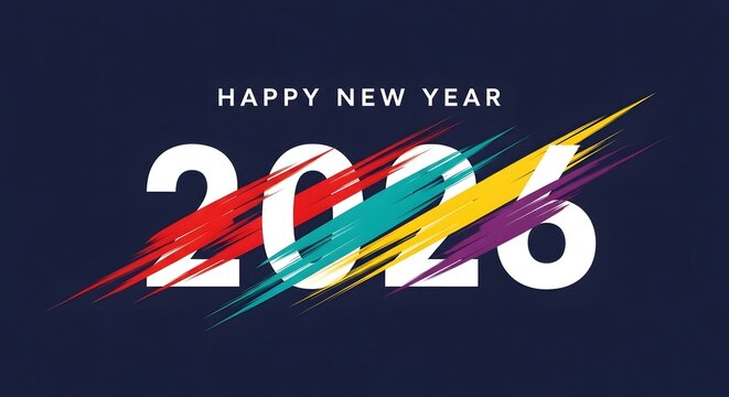 Happy new year 2023 celebration with colorful abstract brush strokes and bold white numbers on a dark blue background